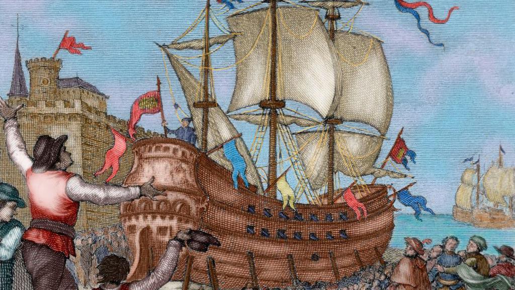 A wood carving print of the Nao Victoria from 1807
