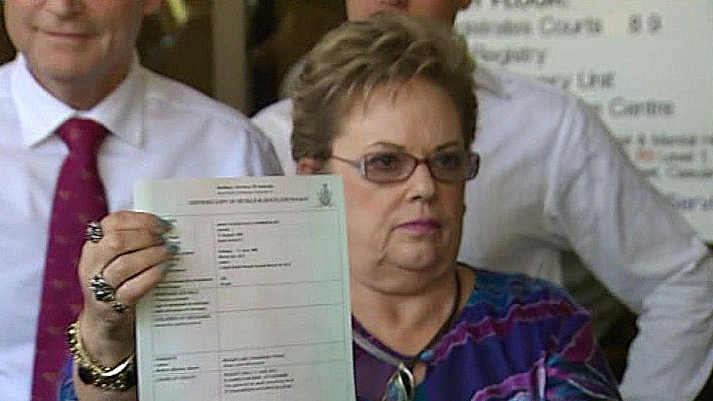 Lindy Chamberlain-Creighton holds death certificate