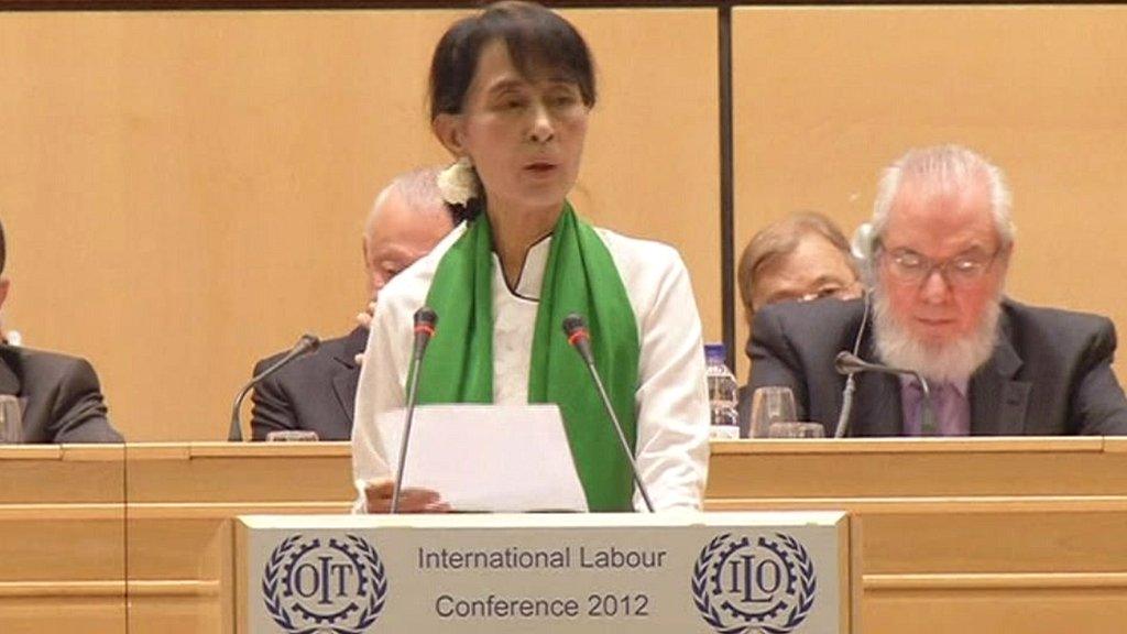 Aung San Suu Kyi addresses the ILO in Geneva