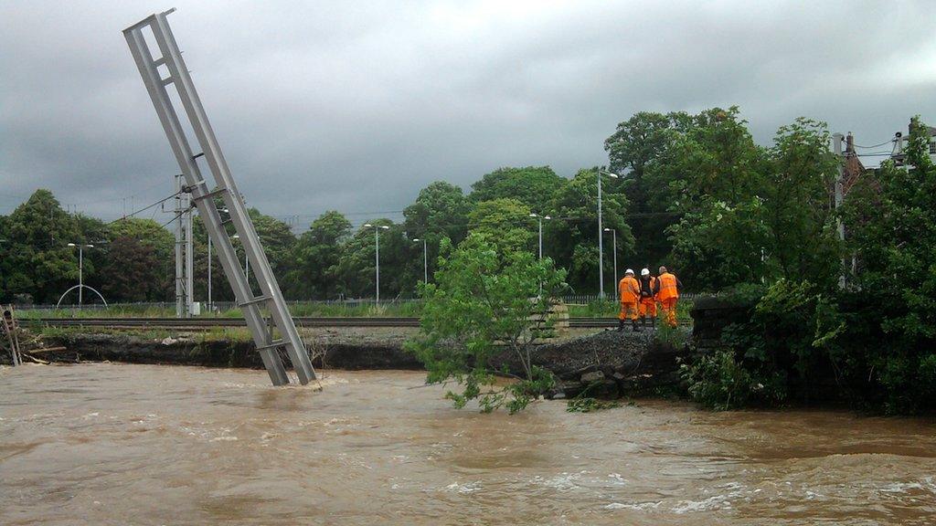 Overheard cable support for West Coast Mainline leans into the River Caldew