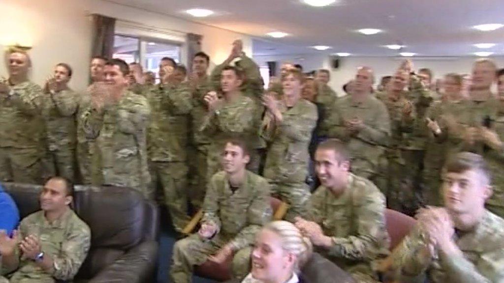 Army camp, Larkhill, Wiltshire, cheering on Heather Stanning and Helen Glover