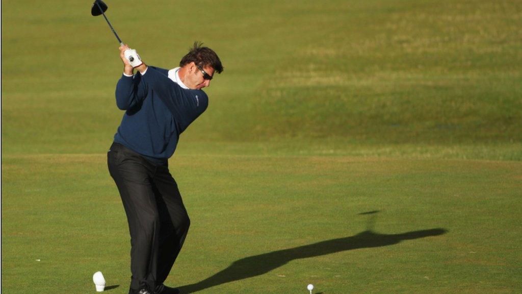 Sir Nick Faldo tees off