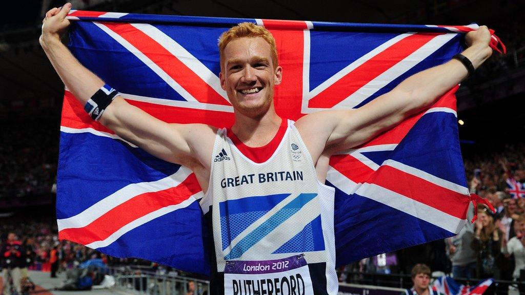 Greg Rutherford celebrates winning gold at London 2012