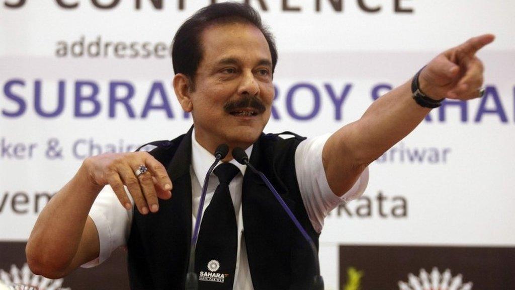 Sahara Group Chairman Subrata Roy gestures as he speaks during a news conference in Calcutta on November 29, 2013