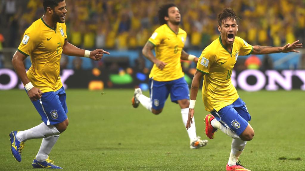 Neymar celebrates after scoring his first goal of the 2014 Fifa World Cup