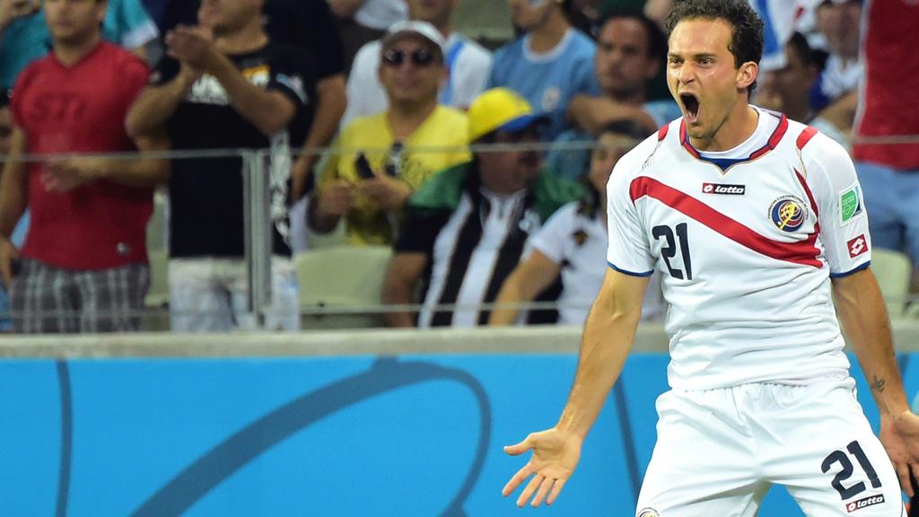 Marco Urena celebrates after scoring Costa Rica's third goal