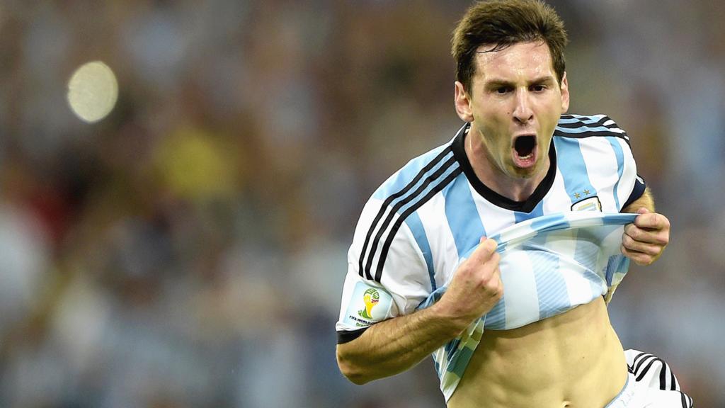 Lionel Messi celebrates after scoring his first goal of the 2014 Fifa World Cup against Bosnia Hercegovina
