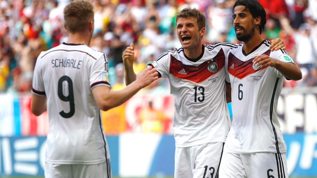 Thomas Mueller of Germany celebrates scoring his team's fourth goal and completing his hat trick