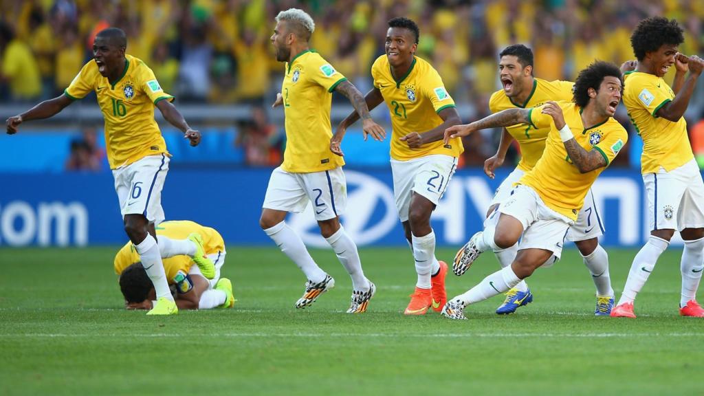 Brazil celebrate after winning their penalty shoot-out against Chile