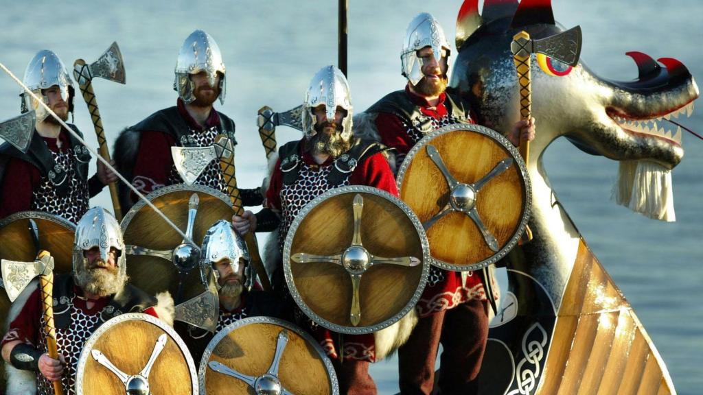 Men from the Norsemen Jarl Squad arrive at Lerwick harbour