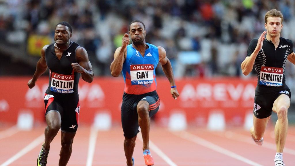 Justin Gatlin, Tyson Gay and Christopher Lemaitre compete in the Diamond League 200m