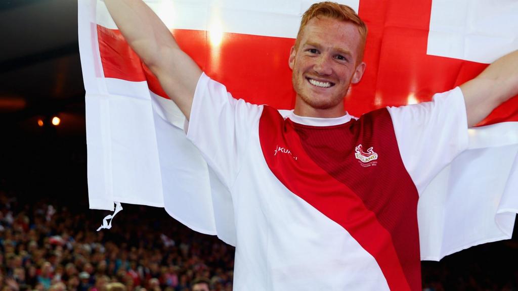 Greg Rutherford celebrates his win in the Long Jump