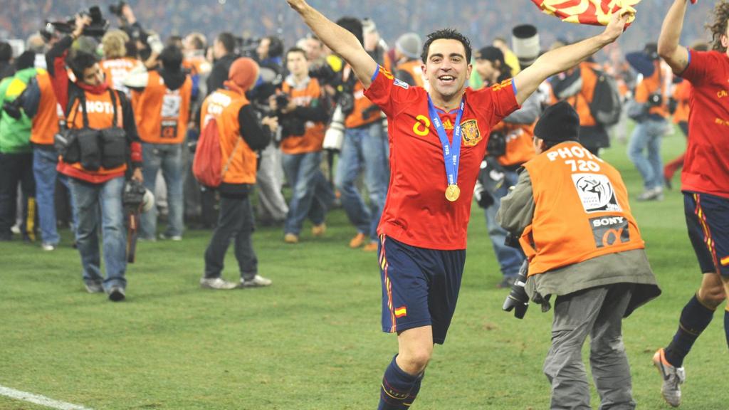 Spain's Xavi celebrates after winning the 2010 World Cup