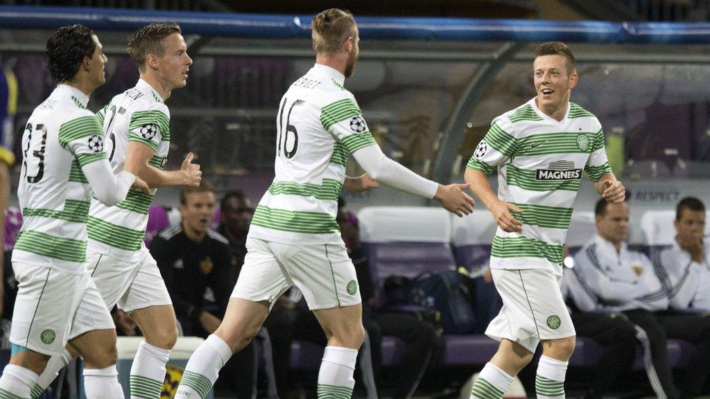 Callum McGregor is congratulated on his goal for Celtic in Slovenia