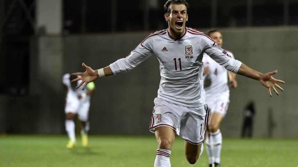 Gareth Bale celebrates scoring for Wales