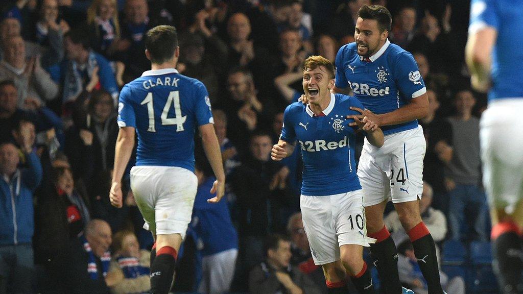 Lewis Macleod celebrates scoring for Rangers