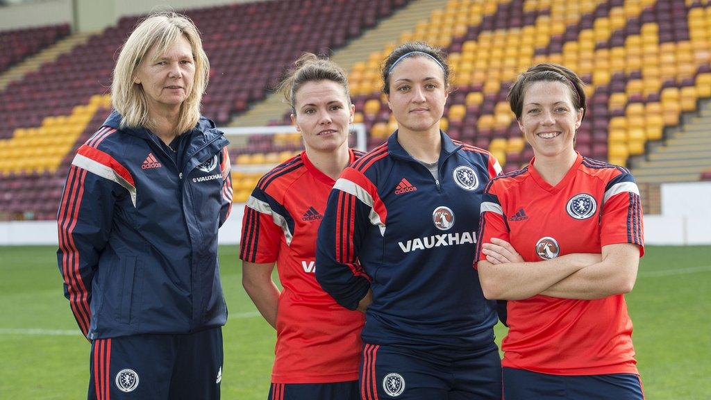 Scotland coach Anna Signeul with joins Joanne Love, goalkeeper Gemma Fay and Megan Sneddon