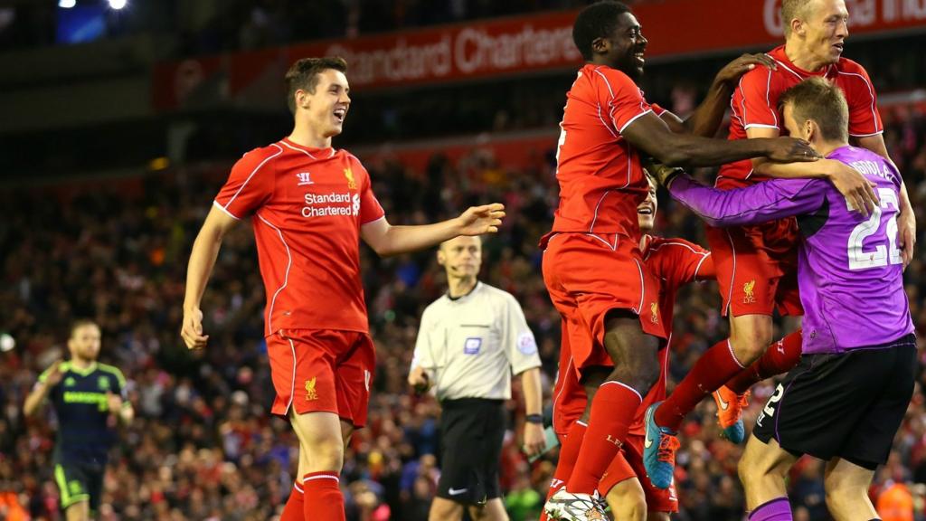 Liverpool players celebrate after their penalty shootout win over Middlesbrough