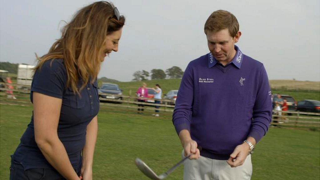 BBC Scotland's Catriona Shearer is given a golf lesson from Stephen Gallacher