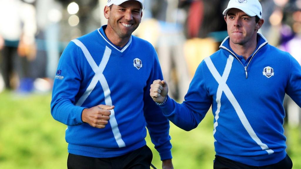 Sergio Garcia and Rory McIlroy celebrate at the Ryder Cup