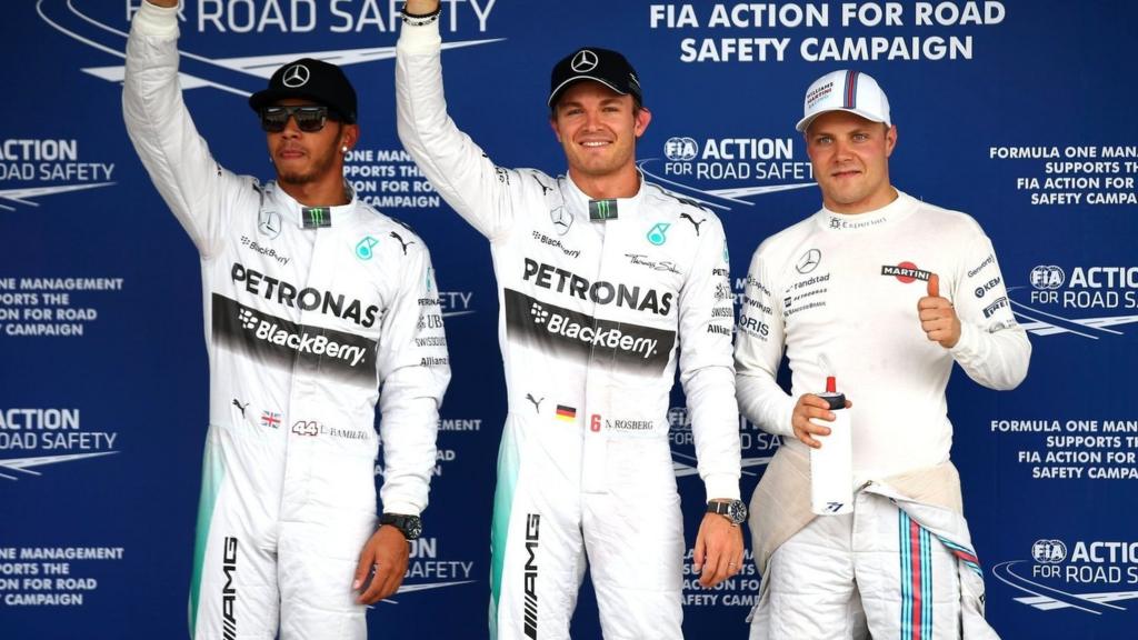 The top three qualifiers Lewis Hamilton, Nico Rosberg and Valtteri Bottas