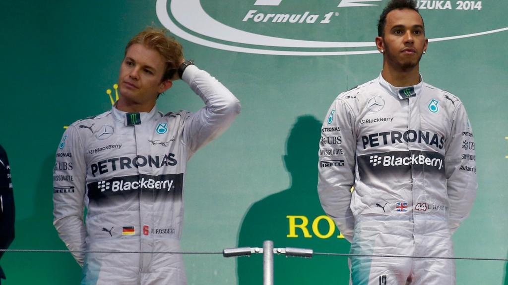 Nico Rosberg and Lewis Hamilton on the podium at the Japanese Grand Prix