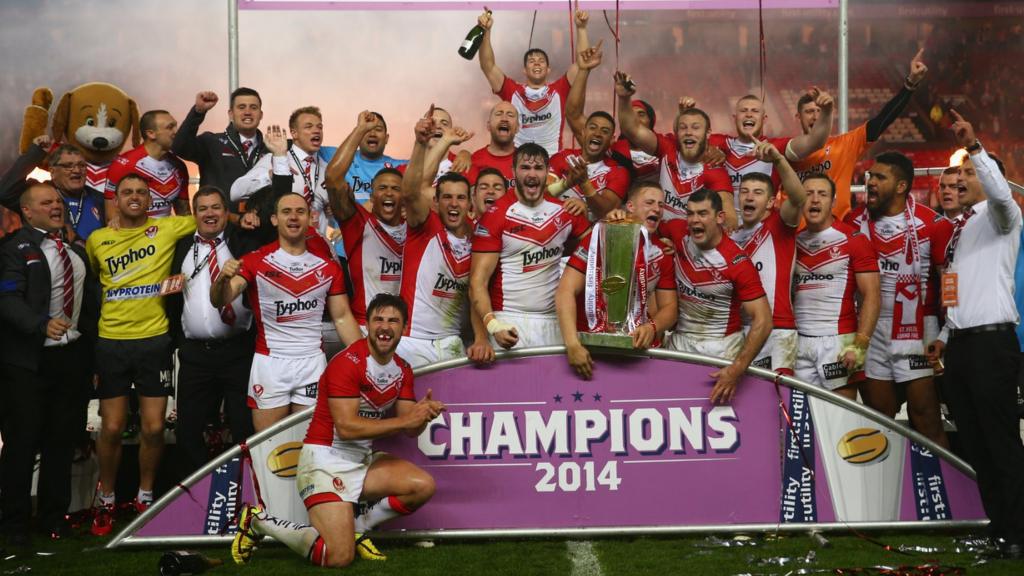 St Helens celebrate with the Super League trophy