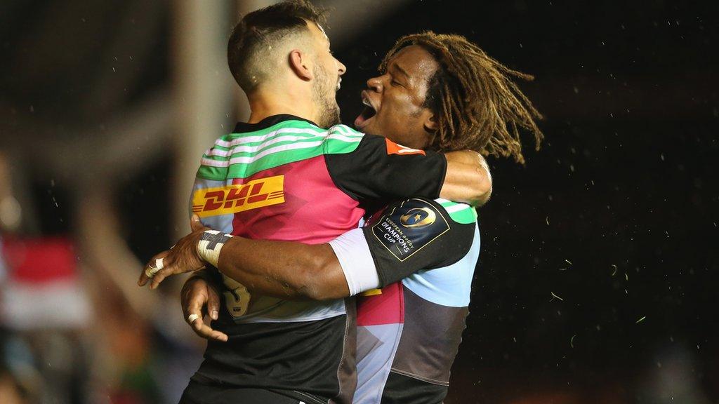 Harlequins try scorer Danny Care is congratulated by Marland Yarde