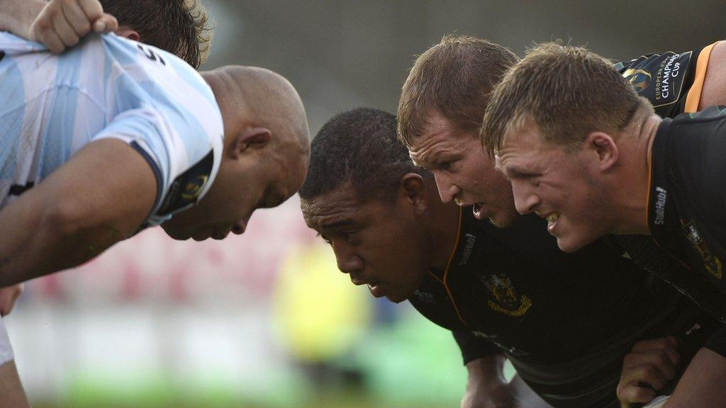 Northampton's front row of Salesi Ma'afu, Dylan Hartley and Alex Waller pack down