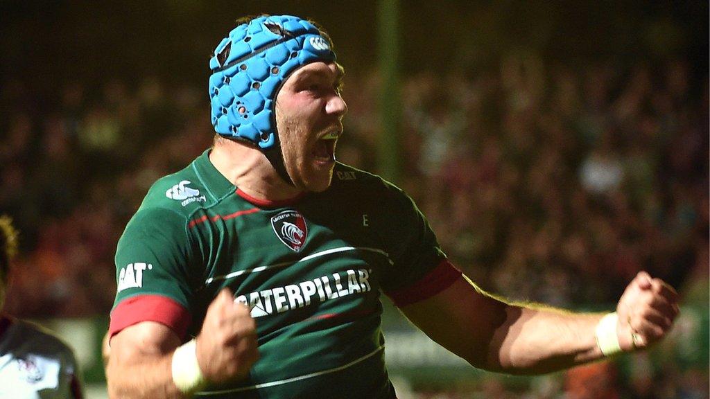 Leicester's Graham Kitchener celebrates after scoring against Ulster