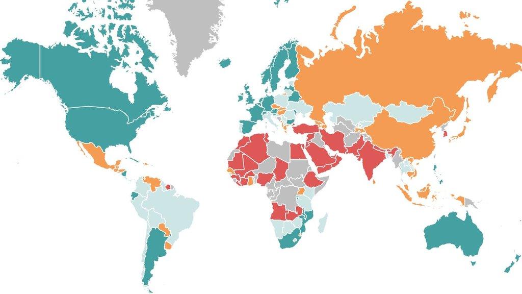 Gender gap map: Dark blue is the smallest gender gap, through to red, with the largest gender gap.