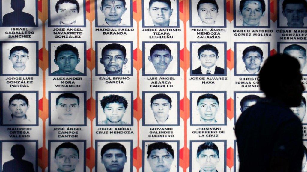 Billboard showing 43 missing Mexisco students (7/11/2014)