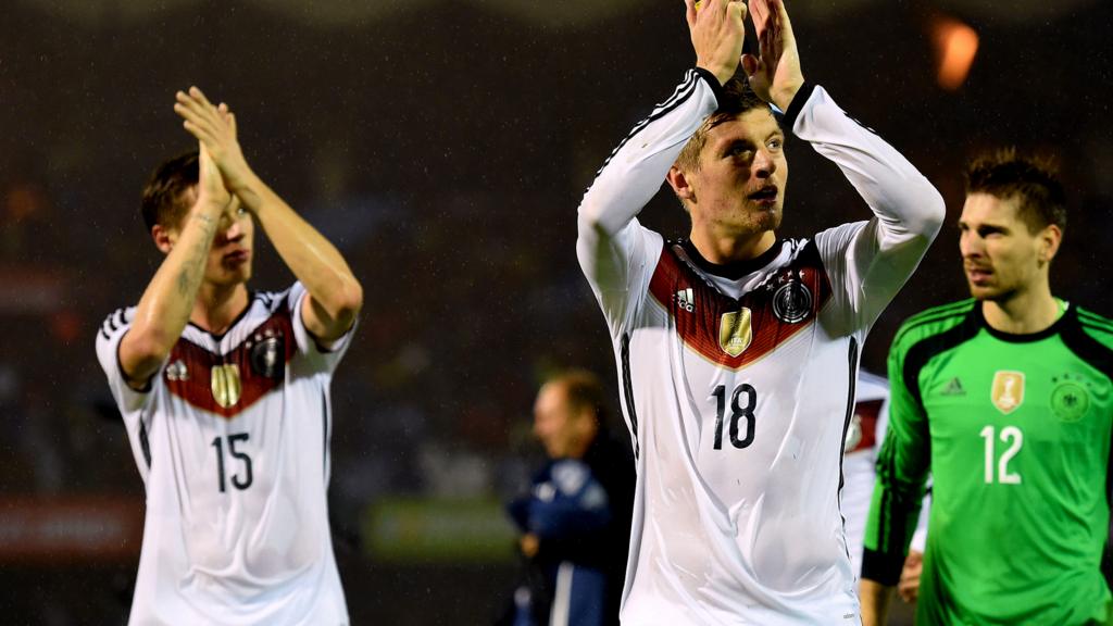 Toni Kroos celebrates for Germany against Spain