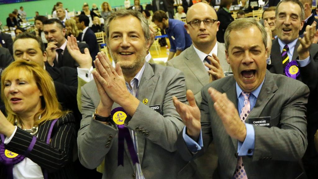 UKIP Leader Nigel Farage and supporters celebrate winning the Rochester and Strood by-election