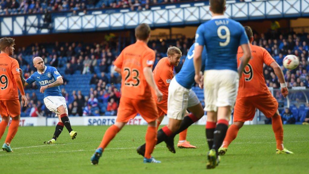 Rangers midfielder Nicky Law scores in the first half