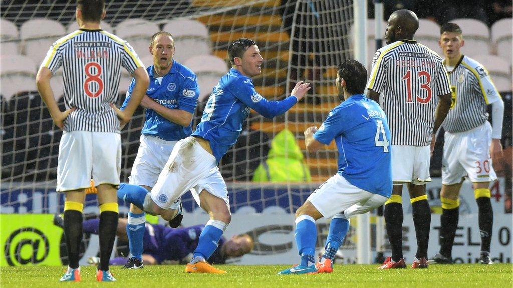 The St Mirren players look stunned as Michael O'Halloran celebrates scoring for St Johnstone