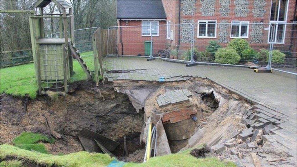 Hole measuring 10m (32ft) wide by 5m (16ft) deep in a front garden