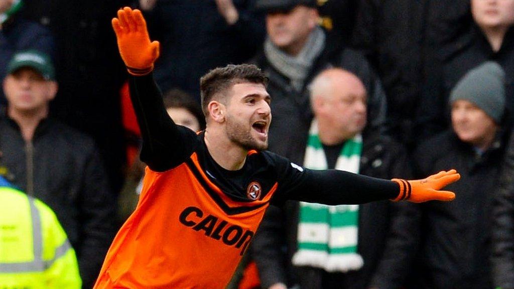 Nadir Ciftci celebrates after scoring for Dundee United against Celtic