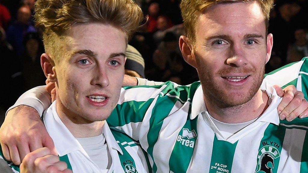 Goalscorers Jarrett Rivers (left) and Stephen Turnbull celebrate Blyth Spartans' FA Cup second round win over Hartlepool United