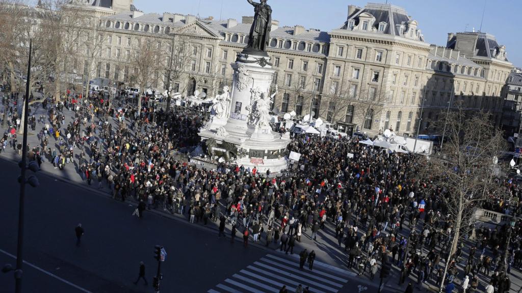 People start gathering at Republique square before the demonstration, in Paris, France, 11 January 2015