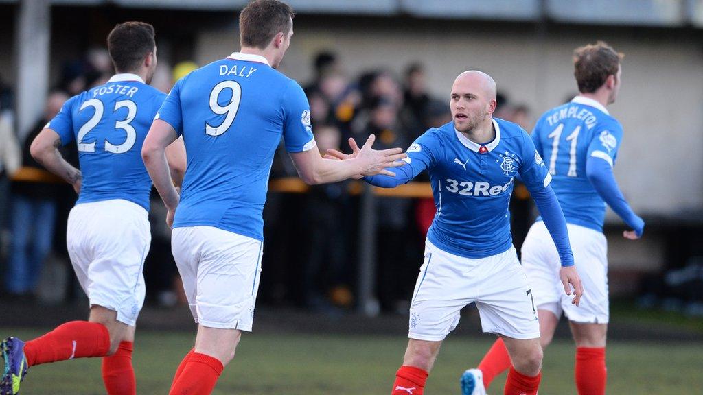 Rangers scorer Nicky Law thanks striker Jon Daly for setting him up for the winning goal at Alloa