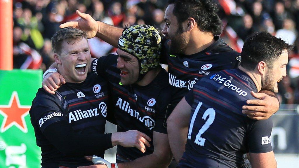 Chris Ashton celebrates the first of his two tries for Saracens