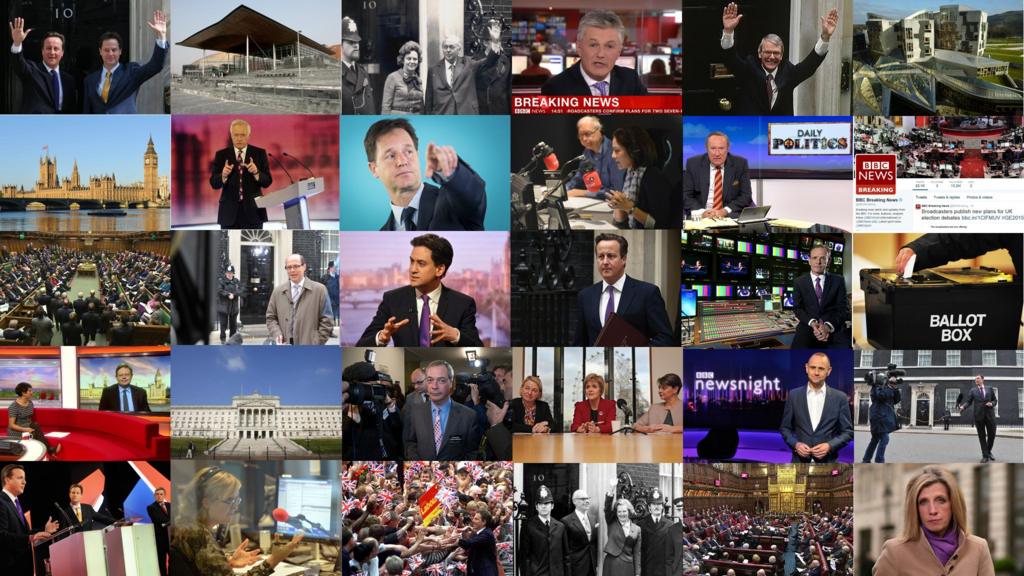 Composite images of politicians, historic election moments and BBC broadcasters