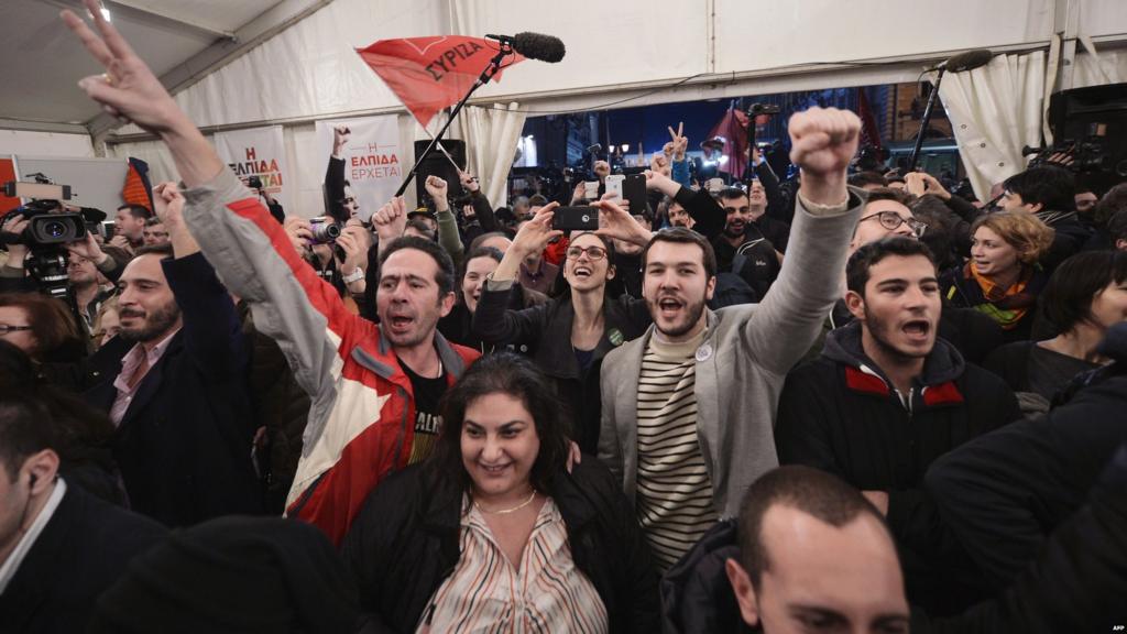 Syriza supporters celebrate in Athens, 25 January