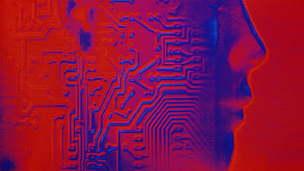 An artwork of a circuit board and a human head