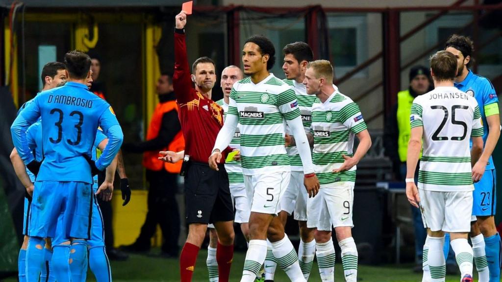 Celtic defender Virgil van Dijk is sent off against Inter Milan