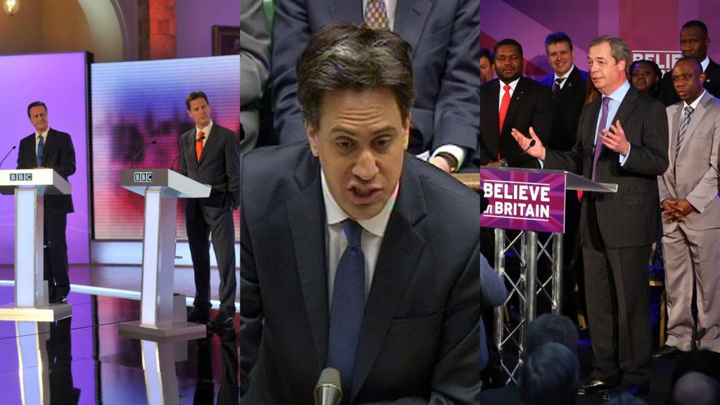 David Cameron and Nick Clegg in 2010 TV election debate, Ed Miliband at PMQs on Wednesday and Nigel Farage making a speech on Wednesday