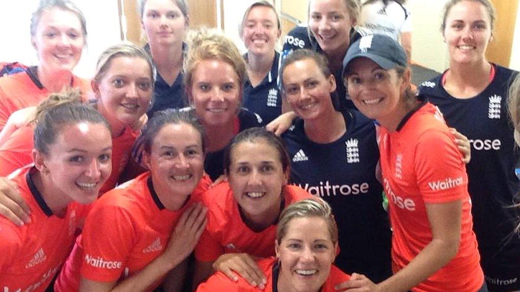 England celebrate Charlotte Edwards's 200th game as captain