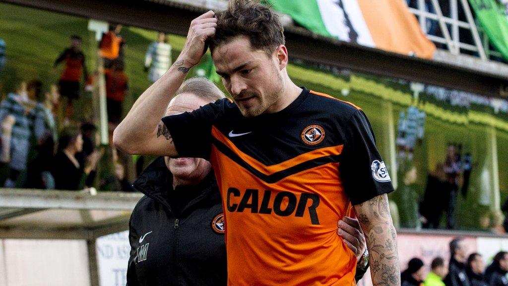 Paul Paton heads for the Tannadice tunnel after being wrongly sent off