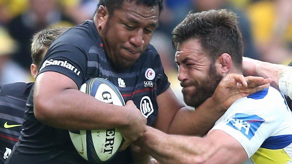 Saracens Mako Vunipola is tackled by Clermont's Jamie Cudmore